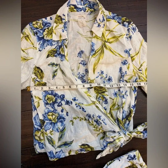 Joie 100% linen resortwear vacation Floral Blouse pant set wide leg cropped - Picture 2 of 10